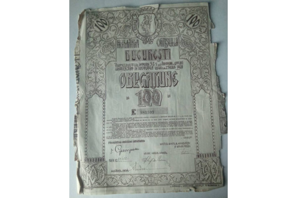Document Obligatiune 100 lei - Bucuresti (1921) (Vintage)